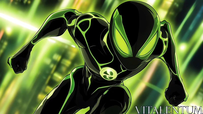 Neon cyber hero sprints through luminous digital corridor.