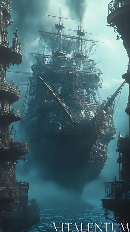 Large multi-masted ship advances through dense coastal fog