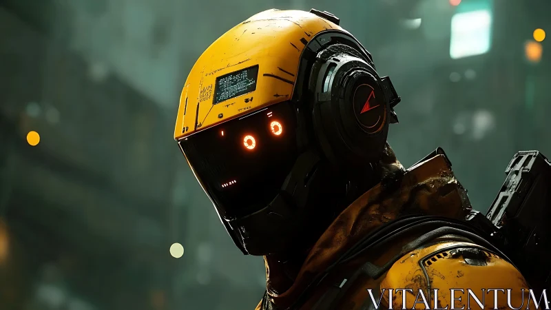 Curious yellow robot pauses in the neon soaked night streets.