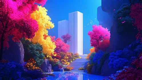 Radiant gardens welcome a serene white tower in dreamlight