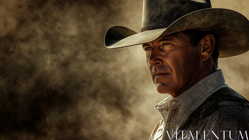 Weathered cowboy gazes through dust in warm golden light