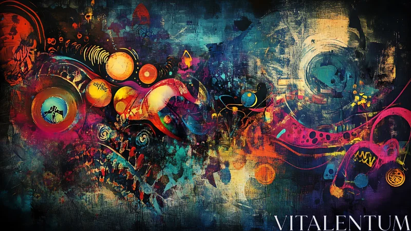 Abstract cosmic swirl of neon orbs and layered textures.