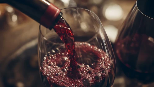 Red wine poured into stemless glass with shallow depth of field