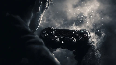 Midnight gamer locked in focus with glowing controller.