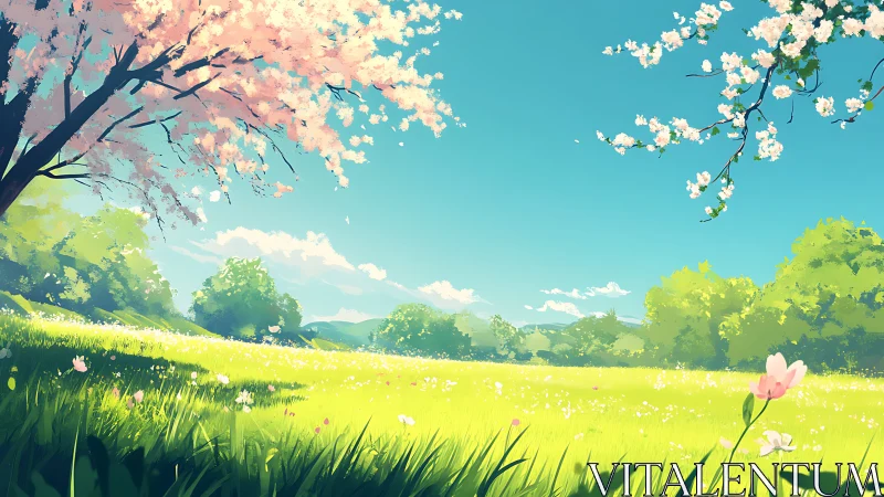 Spring meadows hum softly beneath blushing cherry skies