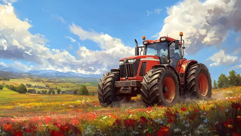 Red tractor crossing colorful wildflower farm field.