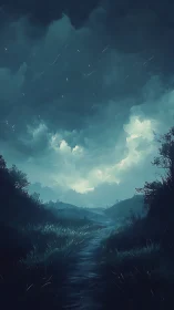 Moody night landscape with winding path and storm clouds