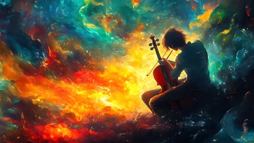 Celestial cello soloist immersed in chromatic nebulae.