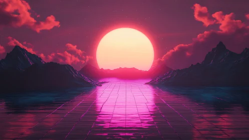 Neon sun over reflective grid between dark digital peaks.