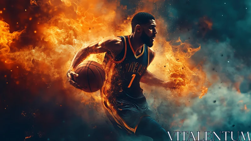 Fiery basketball drive through swirling smoke and sparks.