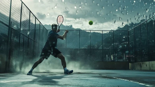 Tennis player strikes forehand on wet outdoor court in rain