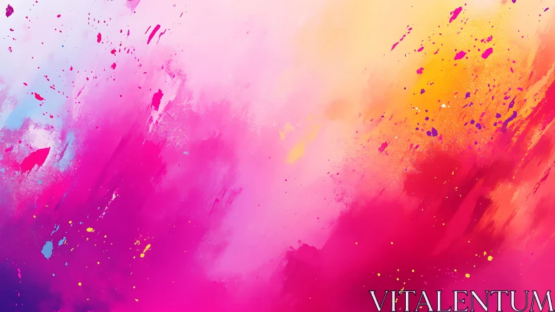 Vibrant magenta and gold paint splashes form a dynamic gradient