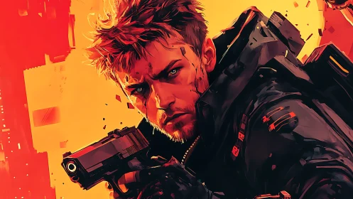 Brooding cyberpunk gunman locks on target in neon blaze