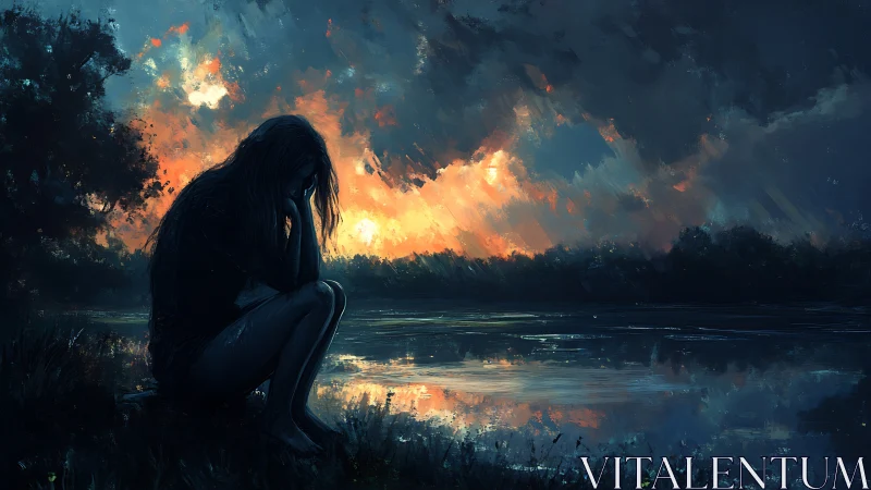 Solitary figure by the lake under a storm-lit dusk sky.