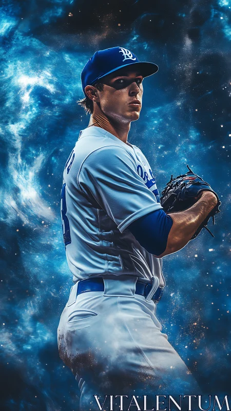 Baseball pitcher stands poised amid swirling cosmic nebula.