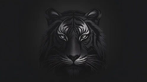 Monochrome tiger head illustration on dark background.