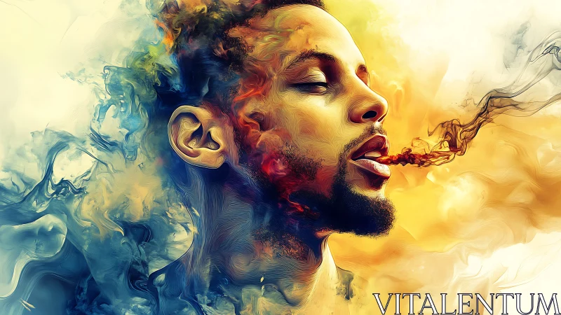 Colorful digital portrait of man exhaling swirling smoke.