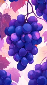 Lush violet grape clusters amid soft pastel vineyard leaves.