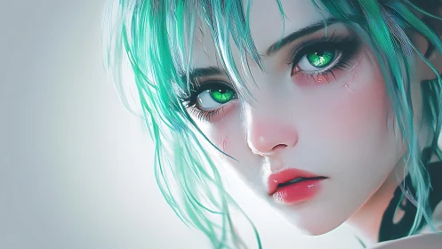 Close-up digital portrait of teal-haired character face.