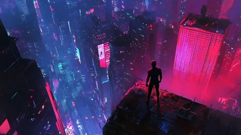 Lone rooftop sentinel above neon drenched cyberpunk sprawl.