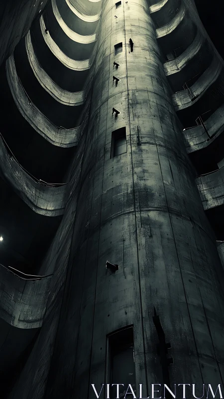 Towering concrete shaft rises with tiny climbers in shadow.