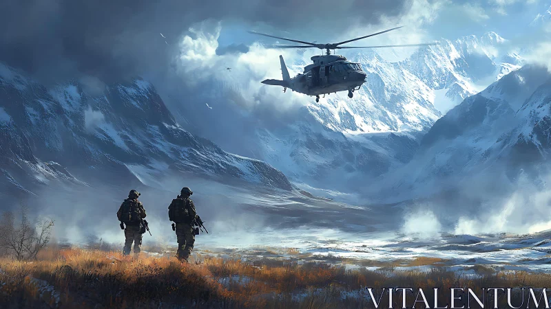 Military helicopter over snow valley with armed personnel.