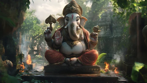 Serene Ganesha idol amid jungle temple ruins at sunrise.