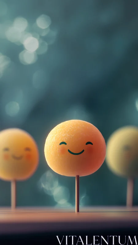 Smiling spherical cake pop rendered with shallow depth of field