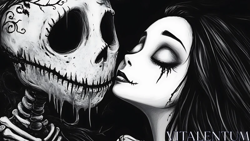 Tender gothic kiss between skeleton and dark-eyed muse.