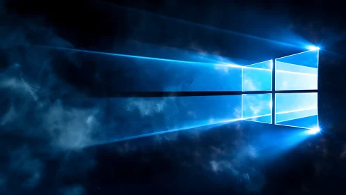 Windows-style luminous blue window logo on dark background.