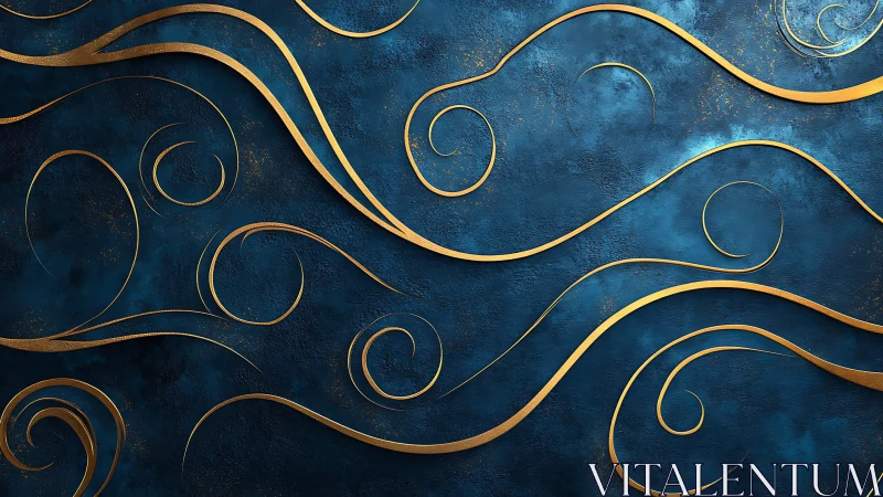 Metallic scrollwork over teal textured wall in 3D relief composition.