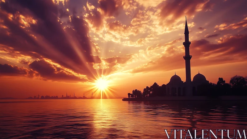 Sun sets behind mosque silhouette over calm waterfront