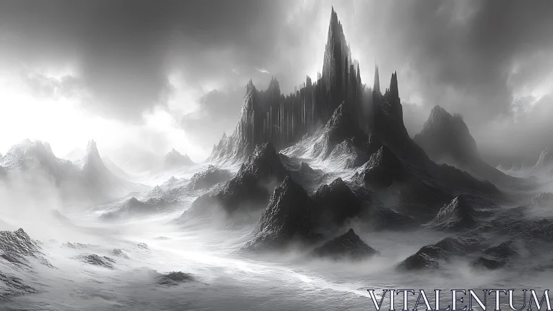Glacial basalt spire citadel in storm-lit monochrome valley