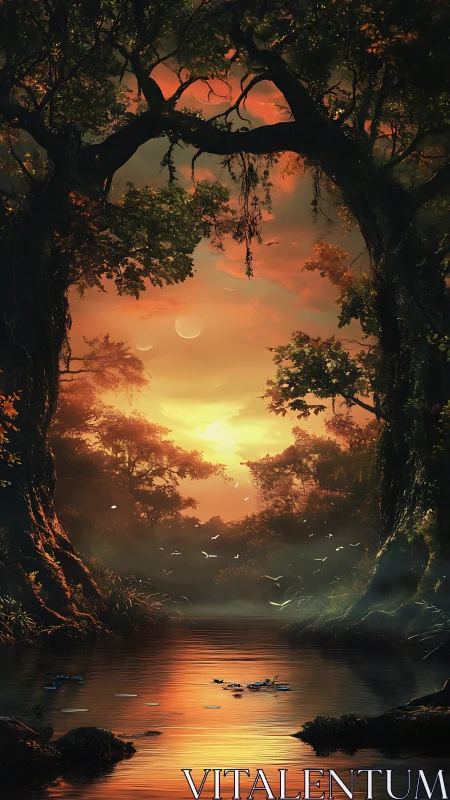 Tree-framed river landscape under dual crescent moons.