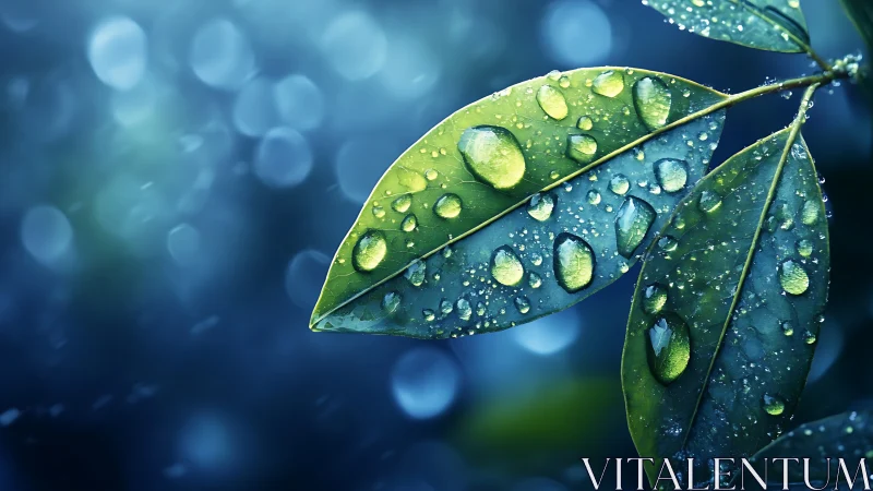 Rain-soaked green leaves under cool bokeh light glow.
