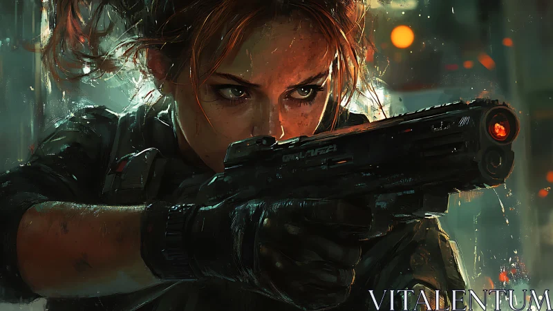 Tactical sharpshooter in rain-soaked neon urban crossfire focus.