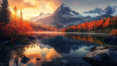Autumn alpine lake at sunrise with snow-capped mountain reflections