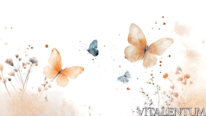 Butterflies move above soft watercolor flowers and splashes