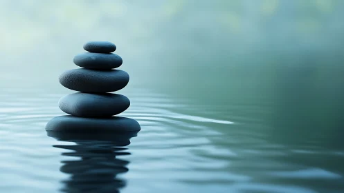 Zen stone stack rises over tranquil misty water surface.