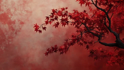 Crimson maple branches drifting over a soft painted sky.