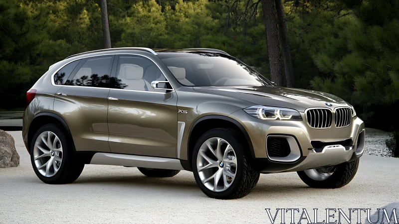 Modern metallic SUV stands parked on forest lakeside road