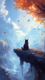 Black cat on cliff ledge under autumn tree and sky.