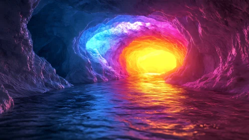 Glowing neon cave tunnel with reflective underground river.