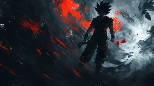 Fierce anime warrior rising through swirling red storm.