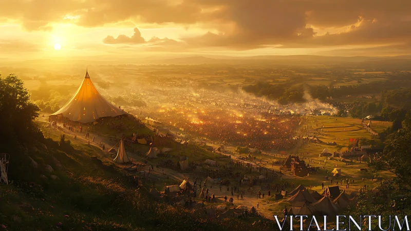 Sunlit medieval festival camp spread across wide valley