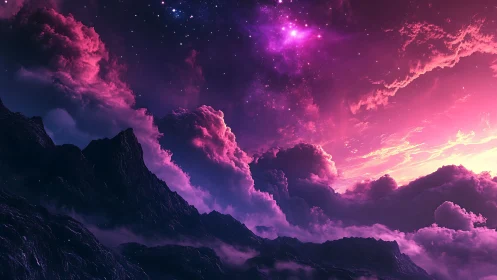 Digital painting of luminous nebula sky over dark ridges.