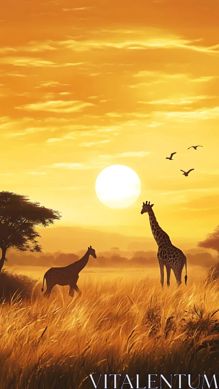 Golden savanna sunset with gentle giraffes and soaring birds.