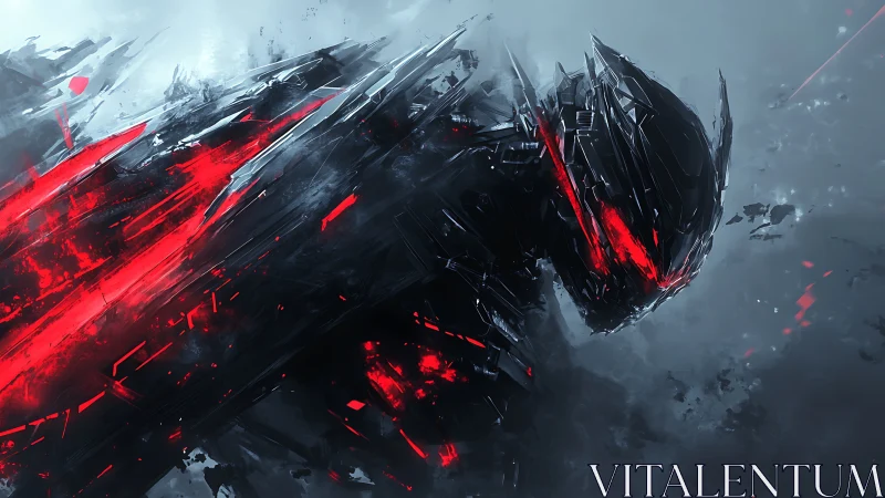 Fierce cybernetic warrior bathed in blazing red energy.