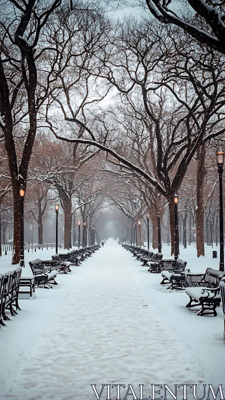 Winter park promenade with snow laden trees and benches.