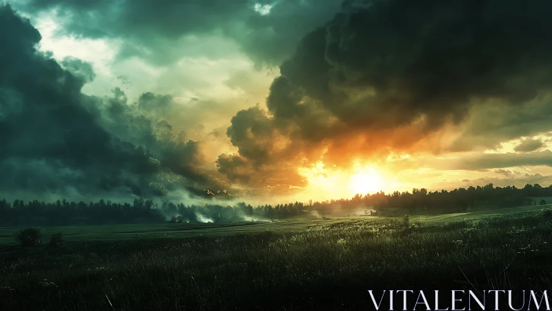 Digital landscape sunset with dramatic storm cloud formations.